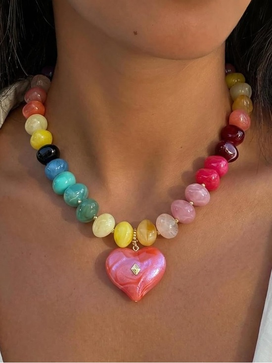 Anthropologie Jewelry - Multicolor Dopamine Beaded Marbled Necklace with Pink Heart Pendant NEW